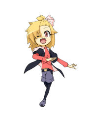 Rule 34 | 1girl, alternate costume, blonde hair, casual, chibi, embodiment of scarlet devil, fang, female focus, inu wi, one eye closed, pantyhose, pantyhose under shorts, rumia, running, shorts, simple background, solo, touhou, white background, wink