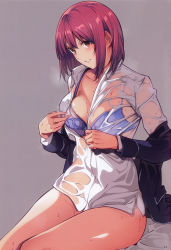Rule 34 | 10s, 1girl, absurdres, arato hisako, bed sheet, black jacket, blazer, blue bra, blush, bottomless, bra, bra visible through clothes, breasts, buttons, collarbone, collared shirt, dress shirt, hair between eyes, highres, jacket, legs, legs together, long sleeves, looking at viewer, medium breasts, nanao (mahaya), non-web source, off shoulder, open clothes, open jacket, open shirt, page number, pink lips, purple hair, red eyes, scans, school uniform, see-through, shirt, shokugeki no souma, short hair, sitting, smile, solo, sweat, teeth, underwear, wet, wet bra, wet clothes, wet shirt, white shirt