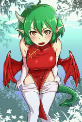 Rule 34 | 1girl, akinaie, bare shoulders, between legs, blush, breasts, brown eyes, china dress, chinese clothes, clothes pull, covered erect nipples, draco centauros, dress, elbow gloves, fang, gloves, green hair, horns, large breasts, looking at viewer, madou monogatari, open mouth, pantyhose, pantyhose pull, pointy ears, puyopuyo, shiny skin, short hair, solo, sweatdrop, tail, undressing, water, white gloves, white pantyhose, wings