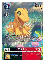 Rule 34 | agumon, artist name, card (medium), character name, claws, colored skin, commentary request, copyright name, digimon, digimon (creature), digimon card game, flower, full body, grass, green eyes, lake, lotus, naru (kts5584), nature, official art, orange skin, outdoors, reptile, sitting, smile, trading card, translation request
