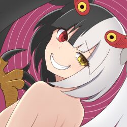 Rule 34 | 1girl, black hair, black souls, breasts, claws, from behind, grin, hand up, harpy, head tilt, head wings, jubjub (black souls), large breasts, looking at viewer, monster girl, multicolored hair, pink background, red eyes, smile, solo, split-color hair, topless, udododo, upper body, white hair, wings, yellow eyes