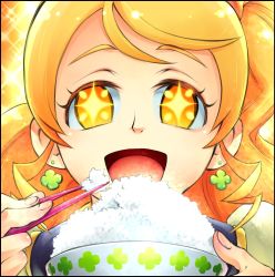 Rule 34 | + +, 10s, 1girl, :d, blonde hair, bowl, chopsticks, close-up, cure honey, earrings, eating, eyelashes, food, happinesscharge precure!, jewelry, long hair, magical girl, oomori yuuko, open mouth, precure, rice, rice bowl, smile, solo, sparkle, yamashiro yoshifumi, yellow eyes