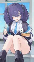 Rule 34 | 1girl, black coat, black halo, blue archive, blue eyes, blue hair, blue necktie, box, chopsticks, coat, collared shirt, commentary request, halo, highres, holding, holding box, holding chopsticks, indoors, jacket, knees together feet apart, knees up, long hair, looking at viewer, lunchbox, necktie, off shoulder, open mouth, parted bangs, shirt, sitting, solo, sorotu, thighs, triangle hair ornament, two side up, white jacket, white shirt, yuuka (blue archive)