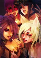 Rule 34 | 4girls, \m/, absurdres, ahri (league of legends), akali, animal ears, baseball cap, blue eyes, breasts, choker, cleavage, close-up, commentary, english commentary, evelynn (league of legends), eyelashes, eyeliner, eyeshadow, facial mark, fingernails, fox ears, group picture, hat, heart, heart choker, highres, k/da (league of legends), k/da ahri, k/da akali, k/da evelynn, k/da kai&#039;sa, kai&#039;sa, league of legends, lips, lipstick, long fingernails, looking at viewer, makeup, medium breasts, monori rogue, multiple girls, nail polish, nose, one eye closed, open mouth, parted lips, pink-tinted eyewear, pink hair, purple eyes, purple hair, red eyes, round eyewear, small breasts, sunglasses, thick eyebrows, tinted eyewear, upper body, v, whisker markings, yellow eyes