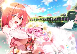 Rule 34 | 1girl, ahoge, alternate costume, blue sky, bouquet, cherry blossoms, cloud, dress, earrings, flower, flower request, frilled dress, frills, gold earrings, hair ornament, hairpin, highres, holding, holding bouquet, hololive, hololive dev is, ichijou ririka, jewelry, looking at viewer, nail polish, open mouth, orange eyes, orange hair, orange nails, pink dress, sky, sleeveless, sleeveless dress, solo, teeth, unier, upper teeth only, virtual youtuber