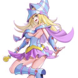 Rule 34 | 1girl, ass, blonde hair, blue dress, blue footwear, blush stickers, boots, breasts, choker, dark magician girl, dress, duel monster, from side, gauntlets, green eyes, hat, highres, large breasts, long hair, looking at viewer, revealing clothes, sengenjin31, sideboob, solo, witch hat, yu-gi-oh!