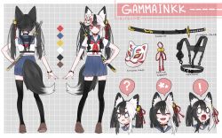 Rule 34 | !, 1girl, ?, absurdres, animal ears, back, bell, black hair, border, character name, character sheet, collar, color guide, commentary, english commentary, closed eyes, fangs, fox ears, fox girl, fox tail, full body, gammainkk, ginptrn, hair bell, hair between eyes, hair ornament, hand on own hip, harness, highres, indie virtual youtuber, katana, mask, multicolored hair, multiple views, open mouth, school uniform, sheath, sheathed, short sleeves, skirt, smile, speech bubble, standing, sword, tail, thighhighs, tongue, twintails, two-tone hair, virtual youtuber, weapon, white border, white hair, zettai ryouiki