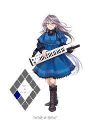 Rule 34 | 1girl, absurdres, blue dress, blue eyes, breasts, closed mouth, dress, elza (the last story), full body, highres, instrument, jewelry, long hair, looking at viewer, necklace, page number, simple background, smile, solo, the last story, touyama sairi, white background, white hair