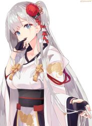 Rule 34 | 1girl, azur lane, blue eyes, eyeshadow, finger to mouth, flower, gloves, hair flower, hair ornament, hair over one eye, highres, japanese clothes, kimono, long hair, long sleeves, looking at viewer, makeup, mole, mole under eye, one side up, open mouth, partially fingerless gloves, pinky to mouth, shirousa, shoukaku (azur lane), silver hair, solo, twitter username, wide sleeves