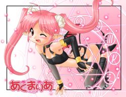 Rule 34 | bat wings, bracelet, choker, demon tail, elbow gloves, fang, fingerless gloves, flat chest, gloves, hase yu, horns, jewelry, pink hair, pointy ears, red eyes, tail, thighhighs, wings, wink