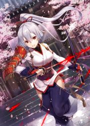 Rule 34 | 1girl, bright pupils, cherry blossoms, fate/grand order, fate (series), fingerless gloves, gabiran, gloves, hair between eyes, hair ribbon, high ponytail, hip vent, japanese clothes, katana, long sleeves, obi, outdoors, parted lips, petals, red eyes, red gloves, ribbon, sandals, sash, sheath, silver hair, solo, standing, standing on one leg, sunlight, sword, tomoe gozen (fate), weapon