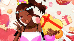 Rule 34 | 1girl, ;d, absurdres, bare shoulders, box, brown hair, cookie, dark-skinned female, dark skin, fire emblem, fire emblem engage, food, gift, gift box, heart-shaped box, highres, holding, holding gift, incoming gift, looking at viewer, nintendo, one eye closed, open mouth, ponytail, s n reon, smile, solo, star-shaped pupils, star (symbol), symbol-shaped pupils, timerra (fire emblem), upper body, v