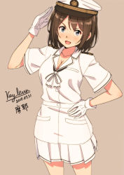 Rule 34 | 1girl, alternate costume, blue eyes, blush, breasts, brown background, brown hair, character name, cleavage, dated, flat cap, gloves, grey background, hand on own hip, hat, kantai collection, key kun, looking at viewer, maya (kancolle), medium breasts, military, military uniform, miniskirt, naval uniform, open mouth, peaked cap, short sleeves, simple background, skirt, solo, uniform, white gloves, white skirt