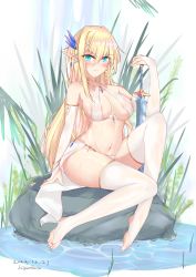 Rule 34 | 1girl, absurdres, aqua eyes, barefoot, biganbanani, blonde hair, breasts, elf, embarrassed, highres, large breasts, looking at viewer, navel, original, pointy ears, see-through, solo, sword, thighhighs, toes, water, weapon, wet, wet clothes, white thighhighs