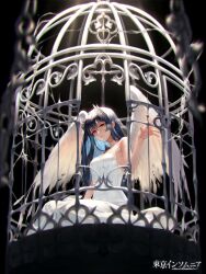Rule 34 | 1girl, alpaca connect, angel wings, birdcage, black background, black hair, black wings, blue hair, blurry, cage, colored inner hair, copyright name, depth of field, dress, full body, hair between eyes, halter dress, halterneck, hand up, head wings, highres, in cage, licking lips, long dress, looking at viewer, multicolored hair, oriti4, outstretched hand, red eyes, sidelocks, sitting, sleeveless, sleeveless dress, solo, tongue, tongue out, white dress, white wings, wings