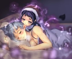 Rule 34 | 2girls, @ @, alternate costume, bare shoulders, biting, blue eyes, blue hair, blush, breasts, camisole, check commentary, cleavage, closed mouth, commentary request, doremy sweet, dream soul, dress, ear biting, closed eyes, hat, heavy breathing, highres, kikimifukuri, kishin sagume, large breasts, looking at another, lying, multiple girls, nightcap, on side, short hair, silver hair, sleeping, sweat, tail, tapir tail, touhou, under covers, yuri