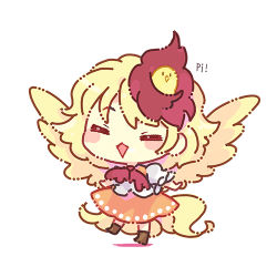 Rule 34 | 1girl, = =, ^ ^, ^o^, animal, animal on head, bird, bird on head, biyon, blonde hair, blush stickers, brown footwear, chibi, chick, closed eyes, facing viewer, feathered wings, frilled sleeves, frills, full body, lowres, niwatari kutaka, no nose, on head, puffy sleeves, red neckwear, short hair, simple background, solo, sound effects, touhou, white background, wings, yellow wings