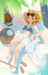 Rule 34 | 1girl, absurdres, adjusting eyewear, bare arms, bare legs, barefoot, beach, bikini, blonde hair, blue bikini, breasts, coconut, collarbone, commentary, cup, day, drinking glass, english commentary, eyewear on head, feet, flower bracelet, from above, full body, green eyes, hammock, highres, huge filesize, korok, legs, lying, nintendo, on back, open mouth, outdoors, palm tree, phina (jinahou), pointy ears, princess zelda, sandals, unworn sandals, shadow, short hair, small breasts, solo, starfish, sunglasses, swimsuit, table, the legend of zelda, the legend of zelda: breath of the wild, the legend of zelda: tears of the kingdom, tree