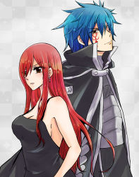 Rule 34 | 1boy, 1girl, blue hair, breasts, cape, cleavage, couple, earrings, erza scarlet, fairy tail, jellal fernandes, jewelry, red hair, tattoo