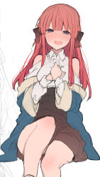 Rule 34 | 1girl, blouse, blue coat, blush, bow, braid, brown bow, brown skirt, coat, collared shirt, embarrassed, feet out of frame, french braid, hair bow, half-closed eyes, hands up, high-waist skirt, ikeuchi tanuma, long hair, looking at viewer, off-shoulder coat, off-shoulder jacket, off shoulder, open clothes, open coat, original, purple eyes, red hair, shirt, simple background, skirt, solo, sweatdrop, white background, white shirt