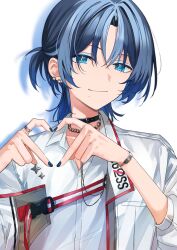 Rule 34 | 1girl, absurdres, black collar, blue eyes, blue hair, blue nails, closed mouth, collar, ear piercing, heart, heart hands, highres, hiodoshi ao, hololive, hololive dev is, medium hair, mole, mole under mouth, musshu (omu001), piercing, regloss, shirt, smile, solo, upper body, virtual youtuber, white background, white shirt