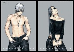 Rule 34 | 1boy, 1girl, bare shoulders, belt, chain, couple, cuffs, denim, dog tags, eyepatch, fashion, grey eyes, grey hair, handcuffs, jeans, jewelry, long hair, lowres, murata range, navel, necklace, original, pants, short hair, topless, white hair