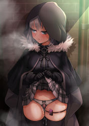 Rule 34 | 1girl, black cloak, black gloves, black shirt, black thighhighs, blue eyes, blush, breasts, clip studio paint (medium), cloak, closed mouth, clothes lift, fate (series), fur-trimmed cloak, fur trim, gloves, gray (fate), grey hair, grey panties, grey skirt, highres, hood, hood up, hooded cloak, lifting own clothes, looking to the side, lord el-melloi ii case files, medium breasts, panties, pussy juice, sekai saisoku no panda, sex toy, shirt, skirt, skirt lift, solo, thigh strap, thighhighs, thighs, underwear, vibrator