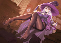 Rule 34 | 1girl, absurdres, aloe (pride of eden), black bodysuit, black pantyhose, blush, bodysuit, book, breasts, cleavage, feet, fuann, hand on headwear, hat, highres, holding, legs, long hair, looking at viewer, medium breasts, no shoes, open mouth, pantyhose, purple hat, red: pride of eden, red eyes, shoes, silver hair, sitting, smile, solo, thighs, toes, unworn shoes, witch, witch hat
