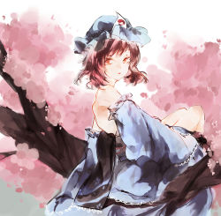 Rule 34 | 1girl, adapted costume, bare back, bare shoulders, branch, cherry blossoms, detached sleeves, from side, hat, in tree, kunaru, mob cap, obi, pink hair, red eyes, saigyouji yuyuko, sash, short hair, sitting, sitting in tree, sleeves past wrists, solo, touhou, tree, triangular headpiece, wide sleeves