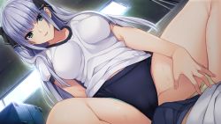 Rule 34 | 1girl, blue eyes, blush, breasts, bulge, buruma, cameltoe, cowgirl position, day, erection, erection under clothes, from below, game cg, girl on top, groin, gym storeroom, gym uniform, hibiki works, iizuki tasuku, indoors, large breasts, light blush, light purple hair, light smile, long hair, looking at viewer, lying, original, parted lips, pov, purple hair, smile, solo focus, spread legs, straddling, suiren to shion, sweat, teasing, thighs, two side up, wakami shion, window