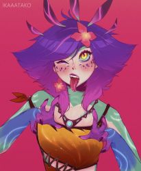 Rule 34 | 1girl, artist name, bare shoulders, blouse, blue hair, blue skin, breasts, collarbone, colored skin, flower, green skin, hair flower, hair ornament, highres, ikaatako, league of legends, multicolored hair, multicolored skin, nail polish, neeko (league of legends), one eye closed, orange shirt, pink background, pink skin, purple nails, shirt, simple background, solo, tail, tongue, tongue out, two-tone skin, yellow eyes