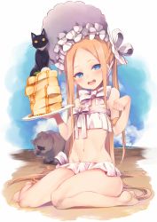 Rule 34 | 1girl, abigail williams (fate), abigail williams (swimsuit foreigner) (fate), abigail williams (swimsuit foreigner) (third ascension) (fate), bare shoulders, beach, bikini, black cat, blonde hair, blue eyes, blue sky, blush, bonnet, bow, breasts, cat, day, fate/grand order, fate (series), food, forehead, hair bow, highres, legs, long hair, looking at viewer, miniskirt, n:go, navel, open mouth, pancake, parted bangs, plate, shore, sidelocks, sitting, skirt, sky, small breasts, smile, swimsuit, twintails, very long hair, wariza, white bikini, white bow, white headwear