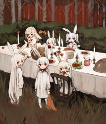 Rule 34 | 6+girls, absurdres, ambiguous red liquid, bread, bush, candle, chair, child, dress, female focus, food, food on face, forest, grass, highres, long hair, looking at viewer, low twintails, meat, multiple girls, nature, open mouth, original, outdoors, pitcher (container), plate, red eyes, shirokujira, short twintails, sitting, standing, table, tablecloth, tree, twintails, white dress, white hair