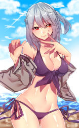 Rule 34 | 1girl, alternate costume, bare shoulders, beach, bikini, blouse, breasts, cleavage, clothes down, collarbone, cowboy shot, day, front-tie top, highres, kishin sagume, lips, looking at viewer, medium breasts, navel, no wings, ocean, open clothes, open shirt, outdoors, ponytail, purple bikini, renka (sutegoma25), serious, shiny skin, shirt, side-tie bikini bottom, silver hair, solo, swimsuit, thighs, touhou, wings