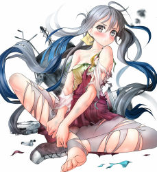 Rule 34 | 10s, 1girl, ahoge, bad id, bad pixiv id, barefoot, blue hair, bow, bowtie, crying, crying with eyes open, feet, gradient hair, hair ribbon, highres, hinoura111, kantai collection, kiyoshimo (kancolle), long hair, looking at viewer, md5 mismatch, multicolored hair, pantyhose, pleated skirt, ribbon, shoes, single shoe, skirt, solo, tears, toes, torn clothes, torn pantyhose, twintails, very long hair, white background