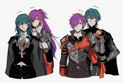 Rule 34 | 2boys, 2girls, arm guards, armor, byleth (female) (fire emblem), byleth (fire emblem), byleth (male) (fire emblem), cape grab, capelet, dual persona, fire emblem, fire emblem: three houses, fire emblem warriors, fire emblem warriors: three hopes, green hair, hair bun, hair over one eye, hand on another&#039;s face, hand on another&#039;s neck, highres, long hair, matching hair/eyes, midriff, multiple boys, multiple girls, navel, nintendo, oratoza, purple eyes, purple hair, shez (female) (fire emblem), shez (fire emblem), shez (male) (fire emblem), short hair, shoulder armor, simple background, size comparison