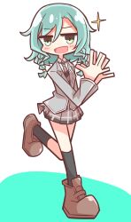 Rule 34 | 1girl, absurdres, bang dream!, blue hair, braid, clapping, green eyes, hand up, haneoka school uniform, highres, hikawa hina, kattebiki, light blush, looking at viewer, open mouth, school uniform, serious, skirt, smile, solo, sparkle, standing, standing on one leg, tagme, twin braids, white background