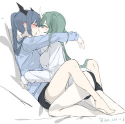 Rule 34 | 2girls, absurdres, arknights, artist name, between thighs, blue hair, blush, breasts, ch&#039;en (arknights), closed eyes, dated, dragon horns, ear blush, green hair, highres, horns, hoshiguma (arknights), light blush, long hair, medium breasts, multiple girls, ponytail, qtian, skin-covered horns, tongue, tongue out, yuri