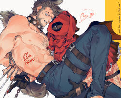 2boys abs alternate_costume animal_ears arm_hair arms_behind_back bdsm beard big_bad_wolf big_bad_wolf_(cosplay) blue_pants body_writing bondage bound bow brown_hair chain chain_leash chest_hair claw_(weapon) collar commentary_request cosplay couple deadpool deadpool_&amp;_wolverine deadpool_(series) dress facial_hair fishnets gloves grabbing_another&#039;s_ass groping hairy halloween halloween_costume hazel_eyes heart highres hiki0ta hood hood_up large_pectorals leash little_red_riding_hood little_red_riding_hood_(grimm) little_red_riding_hood_(grimm)_(cosplay) looking_at_another male_focus marvel marvel_cinematic_universe mask mature_male multiple_boys muscular muscular_male navel nipples pants pectorals red_hood red_mask scar scars_all_over short_hair short_sleeves sweatdrop tail teeth thigh_strap too_many topless_male twitter_username veins weapon wolf_boy wolf_ears wolf_tail wolverine_(x-men) x-men yaoi