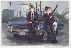 Rule 34 | 2girls, assault rifle, black footwear, black jacket, blue eyes, blue neckwear, blue pants, boots, brown eyes, brown hair, car, chicago police department, gun, highres, holding, holding gun, holding weapon, jacket, leaning on object, leather, leather jacket, m16, m16a1, motor vehicle, multiple girls, necktie, one eye closed, original, outdoors, pants, plymouth (brand), plymouth fury, police, police car, police uniform, policewoman, ponytail, rifle, shotgun, sitting, sitting on object, smile, thrux, uniform, vehicle focus, weapon