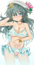 Rule 34 | 10s, 1girl, bare shoulders, black hair, blue eyes, blush, breasts, cameltoe, cleavage, covered erect nipples, green hair, heterochromia, kantai collection, kiso (kancolle), large breasts, long hair, looking at viewer, okiraku nikku, panties, see-through, smile, solo, standing, swimsuit, tagme, underwear, yellow eyes