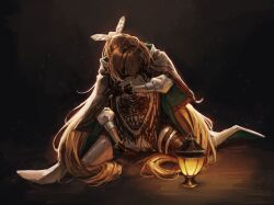 Rule 34 | 1girl, backlighting, brown capelet, brown cloak, brown hair, cape, capelet, cloak, dark room, feather hair ornament, feathers, gloves, glowing, hair ornament, head down, highres, hololive, hololive english, hugging object, kneeling, lantern, long hair, multicolored hair, nanashi mumei, nanashi mumei (1st costume), nightmare (nanashi mumei), painting (object), partially fingerless gloves, ponytail, shirt, single thighhigh, spotlight, streaked hair, tablicoart, thigh strap, thighhighs, very long hair, virtual youtuber, white shirt, wooden floor