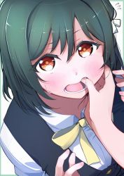 Rule 34 | 10s, 1girl, 1other, blush, brown eyes, collared shirt, commentary request, fang, finger in another&#039;s mouth, fingernails, green hair, hair between eyes, hair ribbon, looking at viewer, love live!, love live! nijigasaki high school idol club, love live! school idol festival all stars, mifune shioriko, neck ribbon, nijigasaki school uniform, open mouth, repunit, ribbon, saliva, school uniform, shirt, short hair, short sleeves, skirt, solo focus, teeth, upper body, vest, white background, white skirt, yellow neckwear