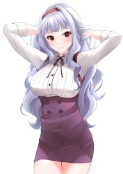 Rule 34 | 1girl, absurdres, arms behind head, arms up, b1ack illust, blunt bangs, blush, breasts, dress, hand in own hair, hands in hair, highres, idolmaster, idolmaster (classic), idolmaster million live!, large breasts, light purple hair, looking at viewer, neck ribbon, pinafore dress, purple dress, ribbon, shijou takane, simple background, sleeveless dress, smile, solo, white background