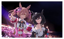 Rule 34 | 2girls, :o, animal ears, black hair, blue eyes, bow, bowtie, breasts, brown hair, center frills, choker, cleavage, concert, dated, dirndl, dress, eishin flash (umamusume), frills, german clothes, hair between eyes, hair bow, highres, horse ears, looking at viewer, medium breasts, multiple girls, nanaheibei 3, night, one eye closed, outstretched arm, people, puffy short sleeves, puffy sleeves, segment display, short sleeves, skirt, smart falcon (umamusume), smile, stage lights, suspender skirt, suspenders, twintails, umamusume, upper body, v, white dress, wrist cuffs, yellow eyes