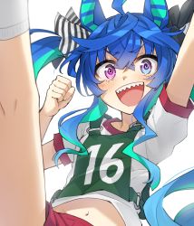 Rule 34 | 1girl, :d, @ @, ahoge, animal ears, arm up, black bow, blue eyes, blue hair, bow, clenched hand, feet out of frame, gym shirt, gym shorts, gym uniform, hair bow, hand up, heterochromia, highres, horse ears, leg up, long hair, midriff peek, multicolored hair, navel, open mouth, purple eyes, red shorts, sharp teeth, shirt, short shorts, short sleeves, shorts, simple background, smile, somechime (sometime1209), teeth, twin turbo (umamusume), twintails, two-tone hair, umamusume, white background, white shirt