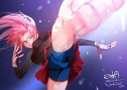 1girl absurdres bike_shorts bike_shorts_under_skirt blue_eyes breasts commission dated feet fingerless_gloves gloves green_eyes high_kick highres hinomoto_madoka incoming_kick kicking leg_up long_hair looking_at_viewer mma_gloves motion_lines original pink_hair shirt signature skeb_commission skirt soles solo standing standing_on_one_leg stirrup_legwear susan_grace toeless_legwear toes