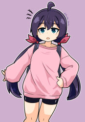 Rule 34 | 1girl, ahoge, backpack, bag, bike shorts, black shorts, blue eyes, blush, breasts, commentary request, copyright request, feet out of frame, hair between eyes, hair ribbon, highres, knees together feet apart, long hair, long sleeves, looking at viewer, low twintails, medium breasts, morikawagon, open mouth, outline, pink shirt, puffy long sleeves, puffy sleeves, purple background, purple hair, red ribbon, ribbon, shirt, shorts, simple background, sleeves past wrists, solo, twintails, twitter username, very long hair, white outline