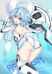 Rule 34 | 1girl, absurdres, ahoge, ass, ass focus, axe, bare shoulders, battle axe, blanc (neptunia), blue background, blue hair, blush, boots, cameltoe, elbow gloves, from behind, gloves, highres, leaning, leaning forward, leotard, looking at viewer, looking back, neptune (series), open mouth, power symbol-shaped pupils, red eyes, rhapsofree, shiny clothes, shiny skin, short hair with long locks, smile, solo, symbol-shaped pupils, thigh boots, thighhighs, thighs, weapon, white heart (neptunia)