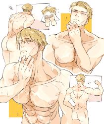 Rule 34 | 1boy, abs, ass, back, bara, biceps, black hair, blonde hair, closed eyes, closed mouth, completely nude, flexing, highres, holding, holding towel, jujutsu kaisen, large pectorals, male focus, motofuyusso, multiple views, muscular, muscular male, nanami kento, navel, nipples, nude, pectorals, short hair, towel